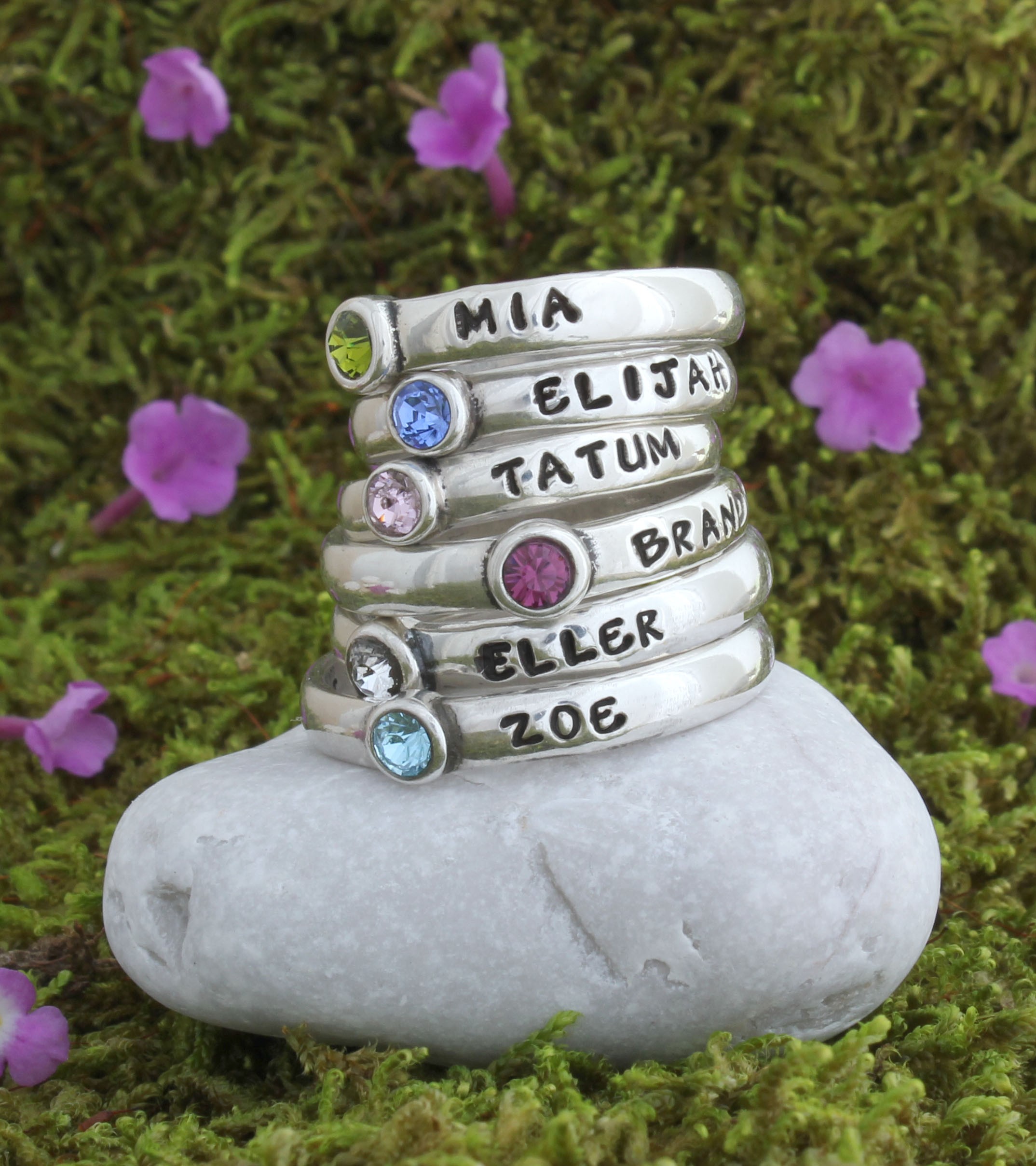 Mother's Stackable Birthstone Rings for Four Children