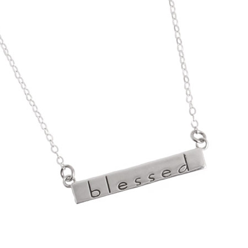 Silver Bar Necklace with 2 Birthstones, Engraved with Blessed