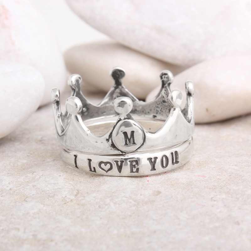 Silver Crown Rings with stamped initial