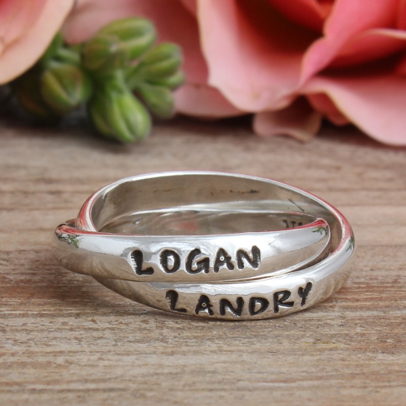 Interlocking Personalized Mother's Name Ring Silver, Double Band, HandStamped for Two Children