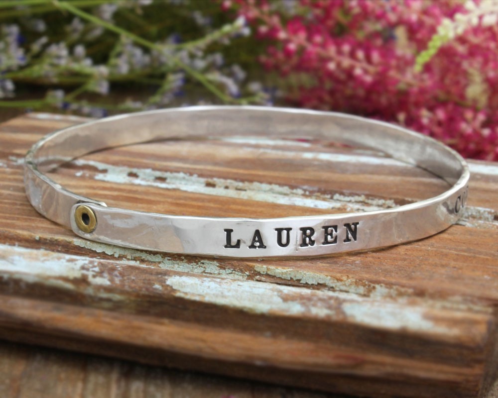 Personalized Silver Family Bracelet for Five Grandchildren, Bangle Bracelet