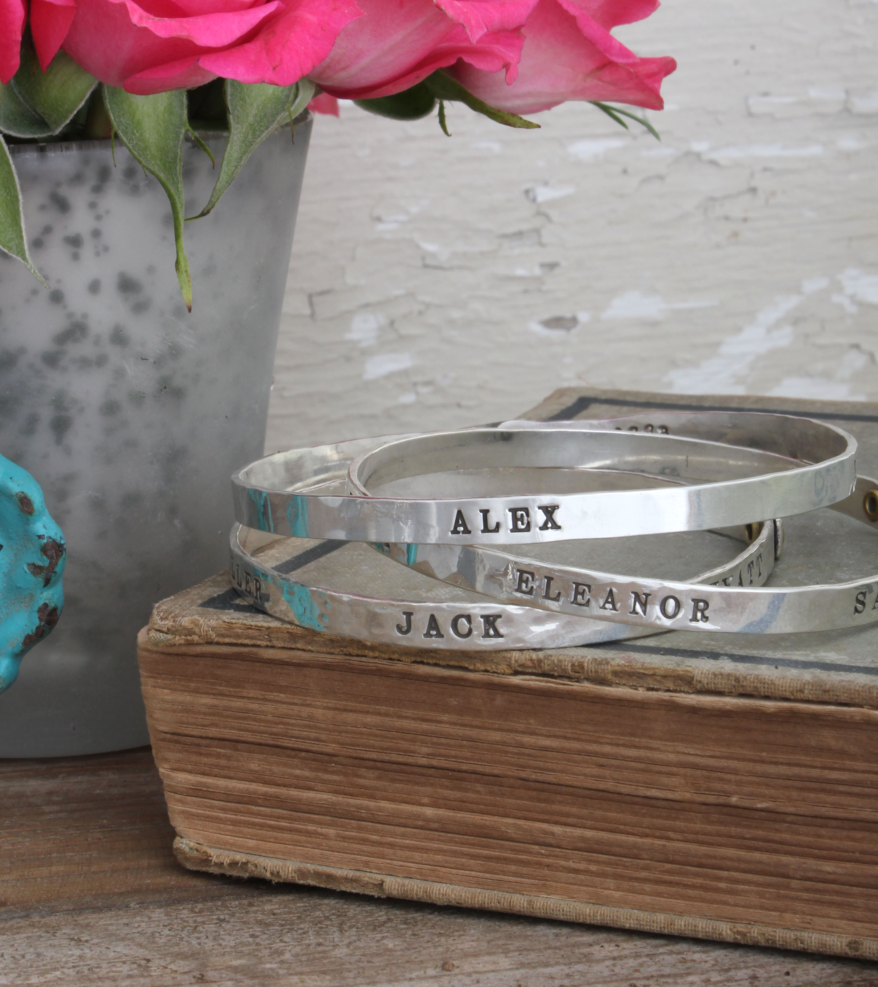 Personalized Family Bangle Bracelet for Four Grandchildren in Silver