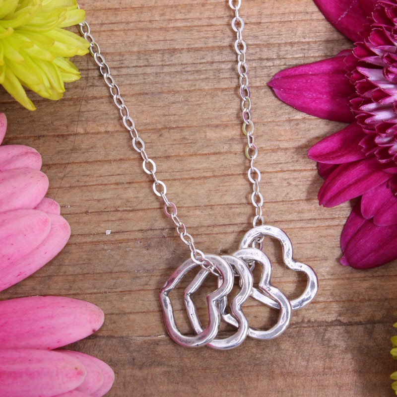 Grandmothers Charm Necklace with Floating Hearts for Four Grandchildren