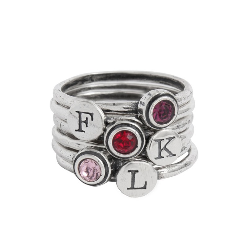 Stackable mothers rings with birthstones and initials - set of 6