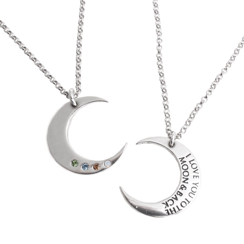 Personalized birthstone necklace with moon charm in silver.