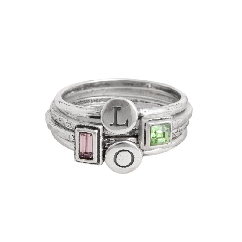 silver stacking rings with initials and birthstones