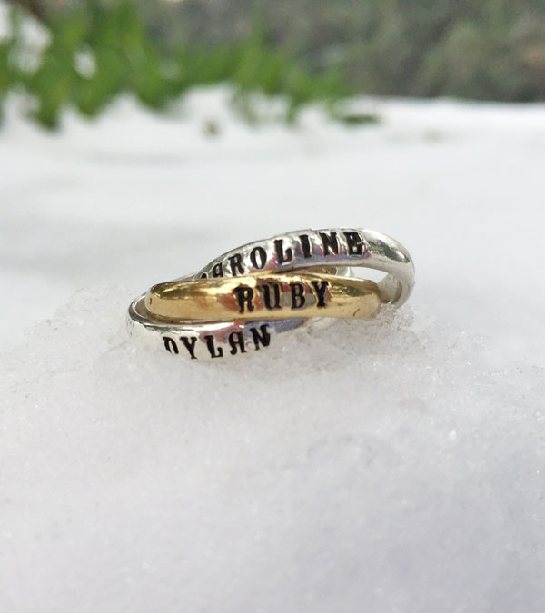 Ring for Mom with name in silver and gold on model