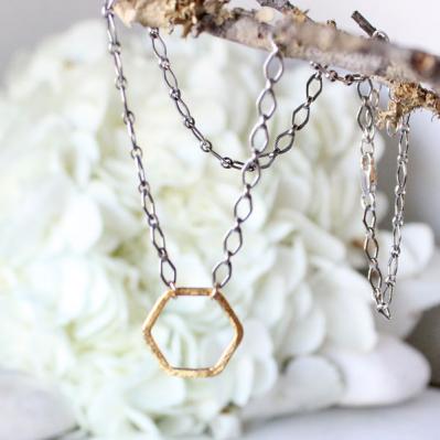 Hex Necklace, Sterling silver necklace with Gold Hexagonal Pendant