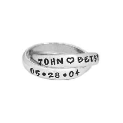 couples ring in silver stamped with name date and heart