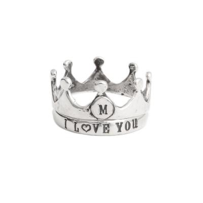 Crown Ring, Silver Stamped Initial Ring