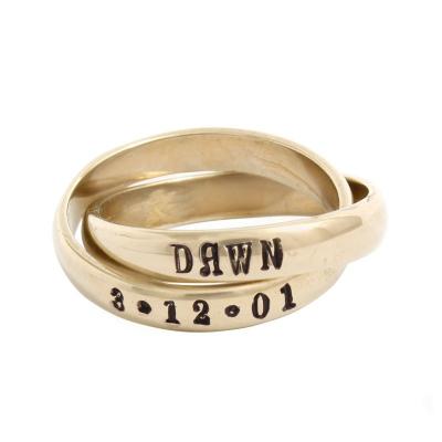 gold rolling ring with name dates for gramdothers or moms