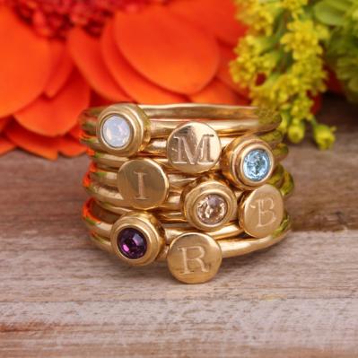 gold stacking birthstone and initial rings