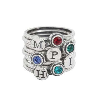 stackable initial ring four children birthstone sterling rings stacking symbol minimalist mothers bands silver