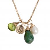 gold necklace with intial charm and natural birthstones