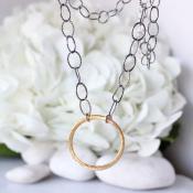 Circle Pendant Choker, Silver Necklace with Gold Circle Pendant