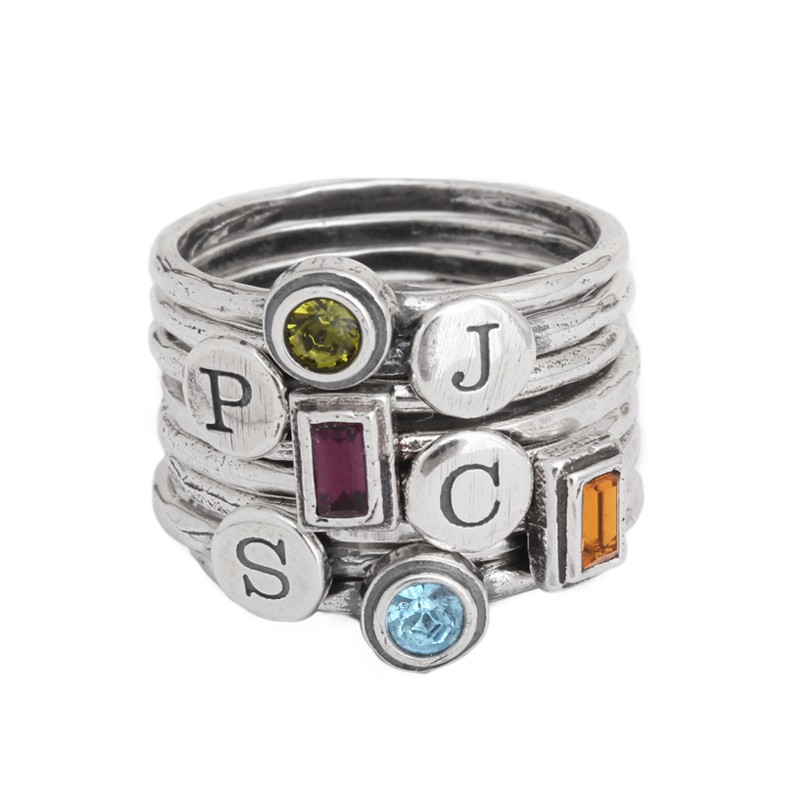 stackable silver rings with initials and birthstones