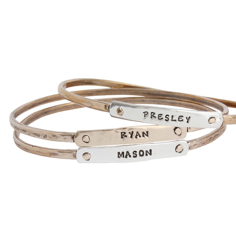 Mother's Bangle Bracelets Personalized for Three Children, Silver and Gold Stacking Bracelet, Beloved Bangle Set