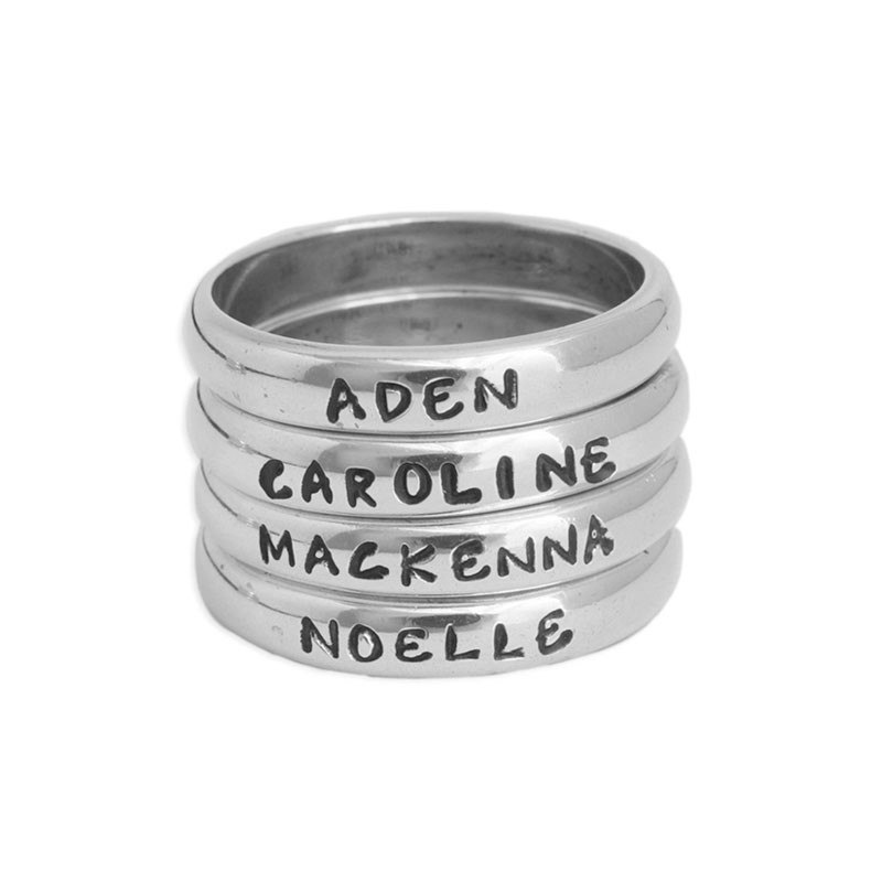 stackable name rings in sterling silver for family of four
