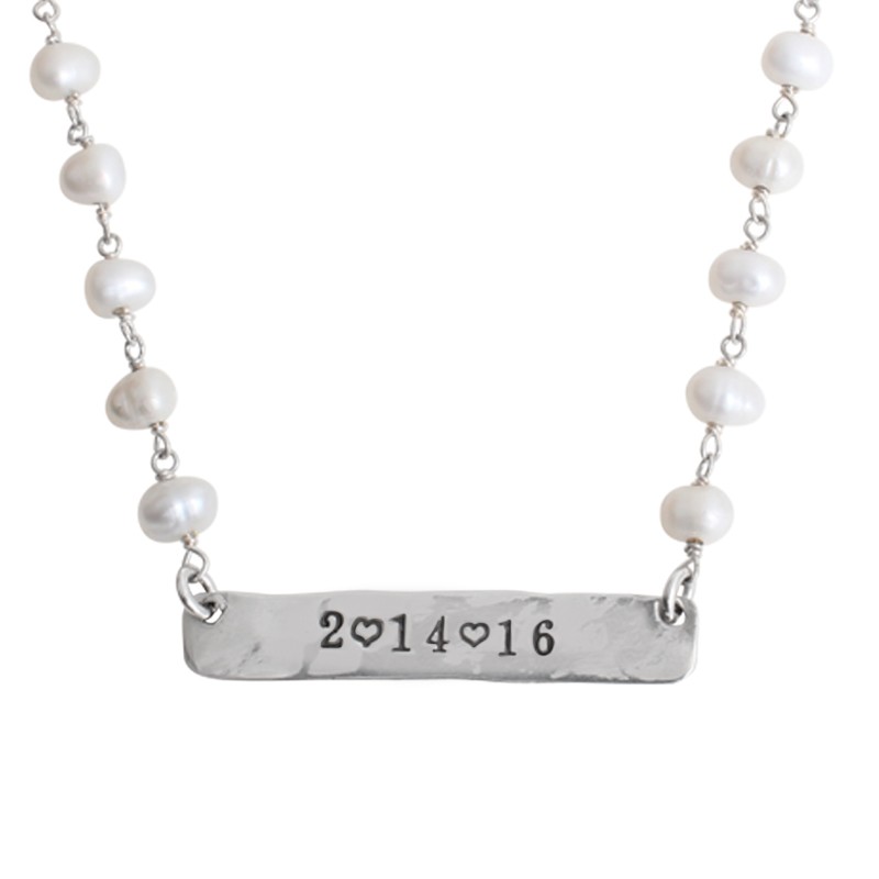 bar necklace with date or name silver and pearls