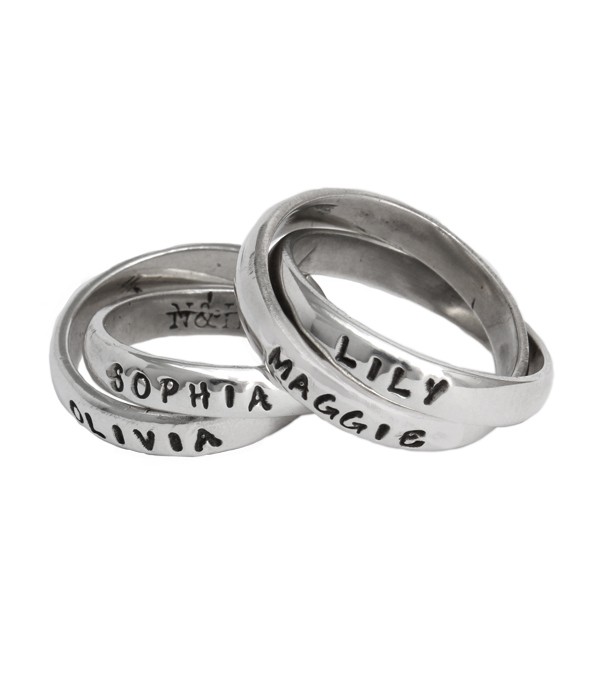 Stackable Mother's Name Rings Personalized for Four Children, Silver, Set of 2 Doubles