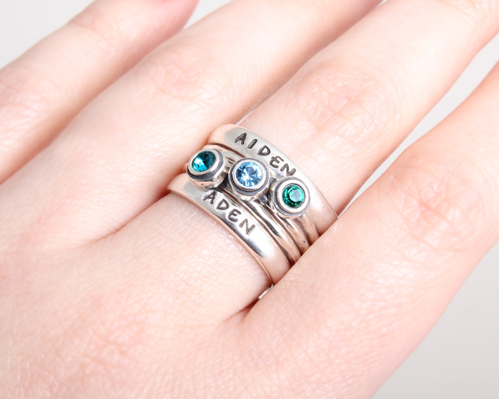 stackable initial birthstone name band rings