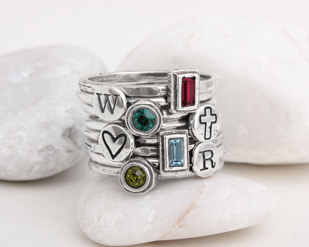 initial birthstone stackable mothers rings